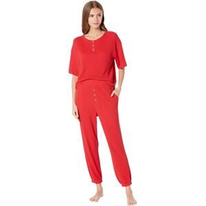 Eberjey Red Cozy Waffle Henley Short Sleeve Long Pants Pajama PJ Set